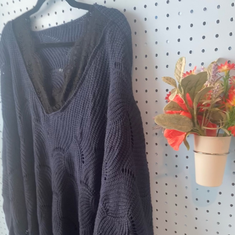 Never Worn Shein Knit Navy Blue Sweater with Black Lace